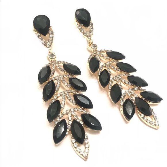 Golden Linings Jewelry Black Leaf Earrings With Crystal Rhinestone